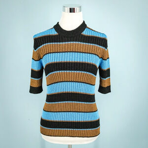 Ganni Size Small S Blue Black Brown Stripe Lurex Metallic Short Sleeve Sweater